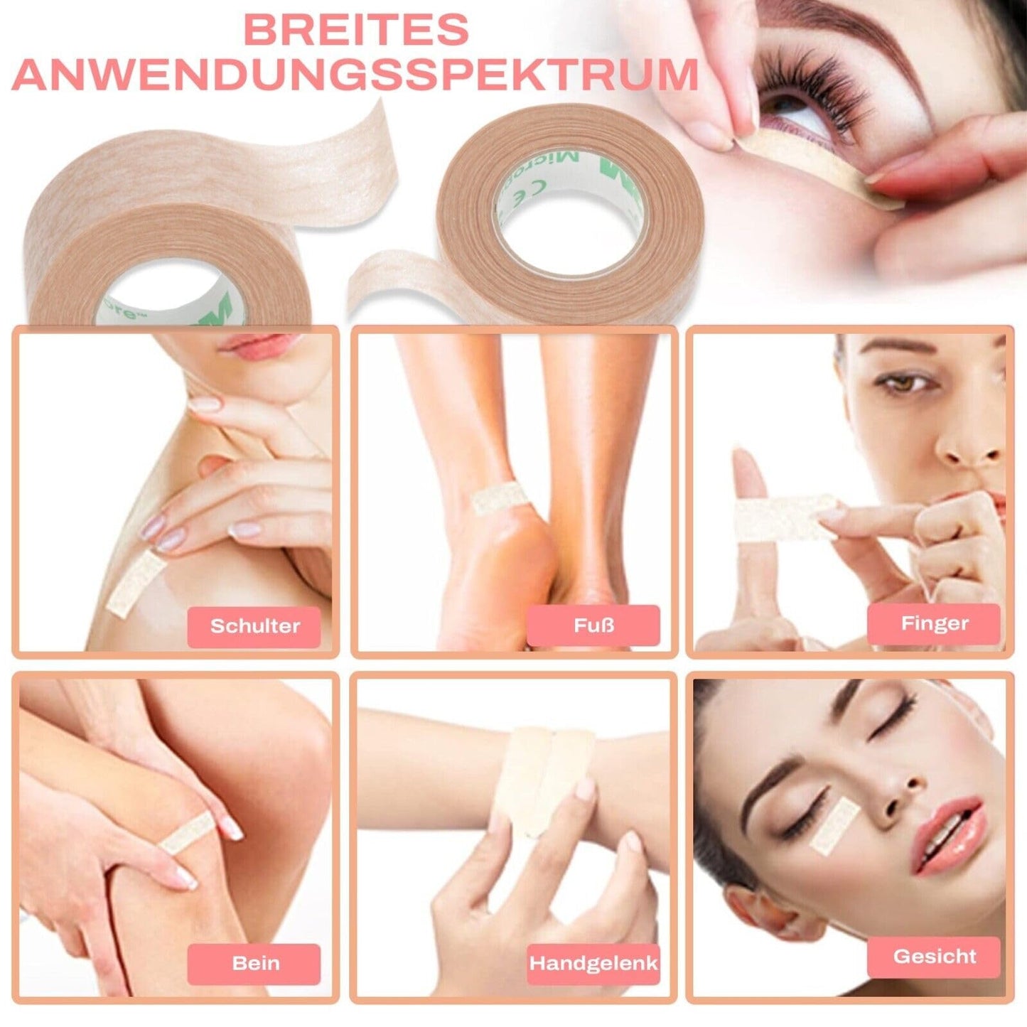 3M mikroporu lentes neausta plāksteris ādas krāsai ar uzklāšanas uzgaļiem no P-Beauty - medicīniskā līmlente skropstu pieaudzēšanai, ādas plāksteris hipoalerģisks, elpojošs, ūdensnecaurlaidīgs (1,25 cm x 9,14 m, 1 rullis)