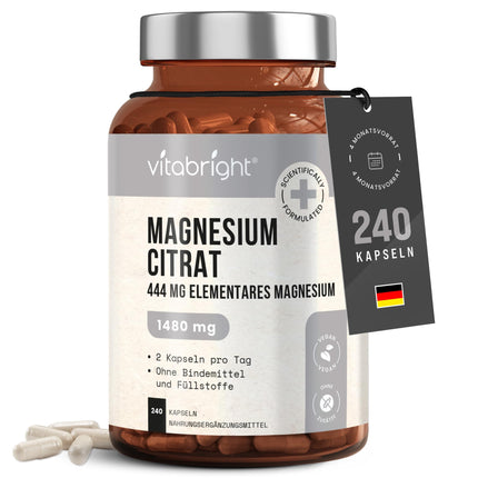 Magnija citrāta kapsulas 240, 1480 mg magnija kompleksa pulveris ar augstu devu (444 mg elementārā Mg) vegāns, bez piedevām, magnija citrāta pulveris laboratorijai/sportam, Mg citrāts VitaBright