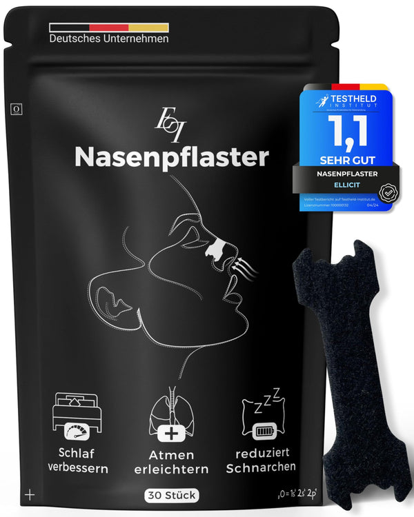 Ellicit® deguna plāksnītes, melnas, 30 gab. iepakojumā, augstākās kvalitātes deguna plāksnītes, pret krākšanu, papildu atbalsts sportam un labāka miega kvalitāte, labāka elpošana ar aizliktu degunu, deguna plāksnītes (komforts)