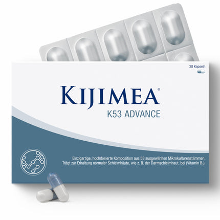 Kijimea® K53 Advance – lielas devas zarnu baktēriju kapsulas | 53 atlasīti mikrokultūras celmi no zarnu floras | ar biotīnu | &gt;500 miljardi CFU vienā iepakojumā | bez laktozes | bez glutēna - 28 kapsulas