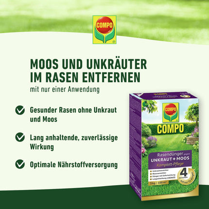 COMPO zāliena mēslojums pret nezālēm un sūnām - 9 kg uz 300 m² - 3 mēnešu ilgstoša iedarbība - COMPO zāliena mēslojums pret nezālēm + sūnām pilnīga kopšana