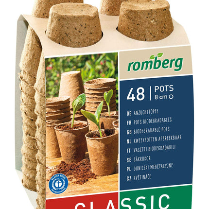Romberg Classic apaļie audzēšanas podi ø 8 cm (48 gabali, bioloģiski noārdāmi, bez kūdras, viegli lietojami) 10091108