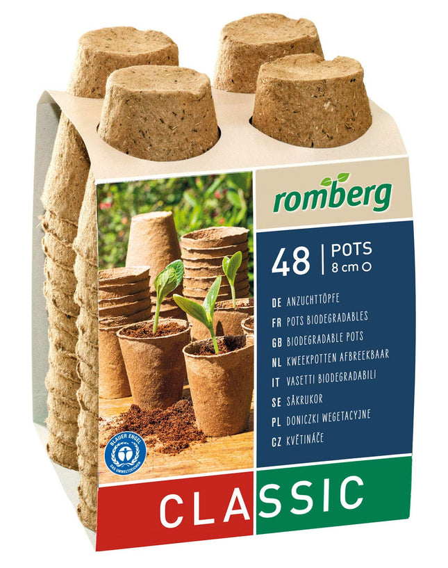 Romberg Classic apaļie audzēšanas podi ø 8 cm (48 gabali, bioloģiski noārdāmi, bez kūdras, viegli lietojami) 10091108