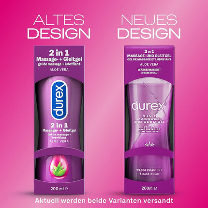 Durex 2-in-1 masāžas gels – uz ūdens bāzes veidots lubrikants jutekliskām mīlestības masāžām – 2 x 200 ml dozatorā (alveja un guarana)