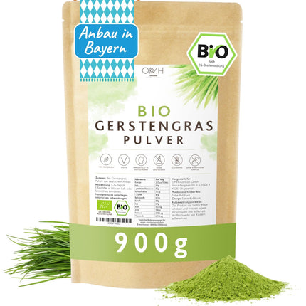 Bioloģisks miežu zāles pulveris 900 g izdevīgs iepakojums no Vācijas audzētavas Bioloģiskā kvalitāte no Bavārijas Miežu zāles pulveris vegāns, laboratorijā pārbaudīts, bioloģiskā audzēšana