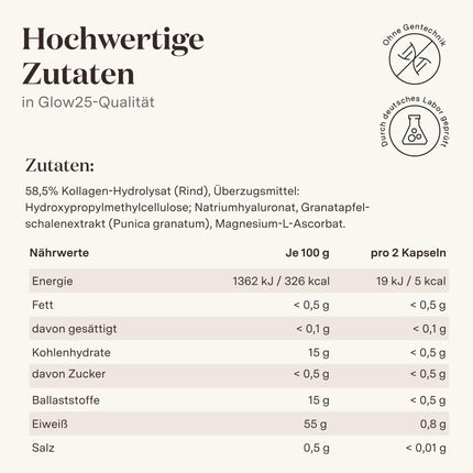 Glow25® kolagēna kapsulas ar augstu devu [180 kapsulas] ar hialuronskābi un C vitamīnu | Augstākās kvalitātes kolagēna komplekss | Laboratorijā pārbaudīts