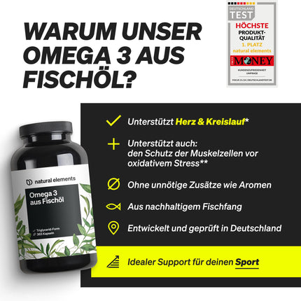 Omega 3 – 365 kapsulas – 2000 mg zivju eļļas dienā – ar EPA un DHA triglicerīdu formā – laboratorijā pārbaudītas, rūpīgi attīrītas un iegūtas ilgtspējīgā zvejā