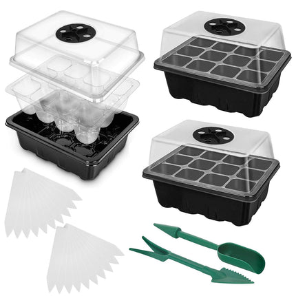 Iekštelpu siltumnīcas audzēšanas kaste, 3 gab., 36 šūnas, mini siltumnīcas audzēšanas komplekts, kultivēšanas paplāte ar pārsegu, siltumnīcas plastmasas kultivēšanas paplātes, ar 2 maziem dārza instrumentiem + 20 augu etiķetēm