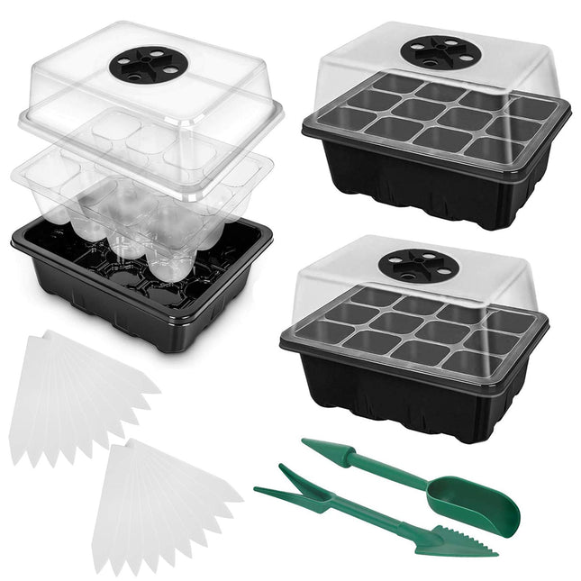 Iekštelpu siltumnīcas audzēšanas kaste, 3 gab., 36 šūnas, mini siltumnīcas audzēšanas komplekts, kultivēšanas paplāte ar pārsegu, siltumnīcas plastmasas kultivēšanas paplātes, ar 2 maziem dārza instrumentiem + 20 augu etiķetēm