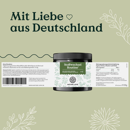NATURE LOVE® Metabolism Routine 150g – Metabolisma dzēriens ar ābolu sidra etiķi, ingvera šotu un citronu – ar C vitamīnu un holīnu – vegāns, bez liekām piedevām – ražots Vācijā un laboratorijā pārbaudīts