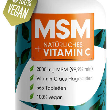 MSM 2000 mg dienā + dabīgs C vitamīns - 365 MSM tabletes ar metilsulfonilmetānu - kompaktāks MSM pulveris nekā MSM kapsulās - augsta deva ar 1000 mg uz MSM tableti - laboratoriski pārbaudīts ar sertifikātu