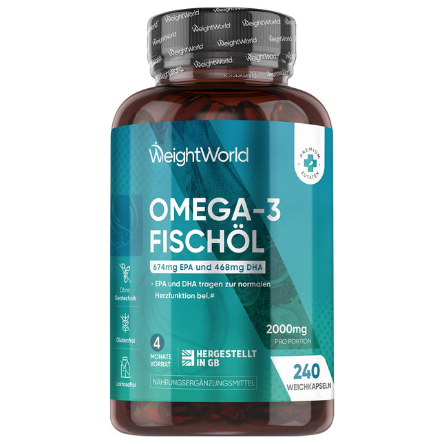 Omega 3 mīkstās kapsulas - 2000 mg zivju eļļas ar 1100 mg Omega-3, 660 mg EPA un 440 mg DHA vienā porcijā - 240 mīkstās kapsulas - EPA un DHA veicina normālu sirds darbību (EFSA) - zivju eļļa - WeightWorld