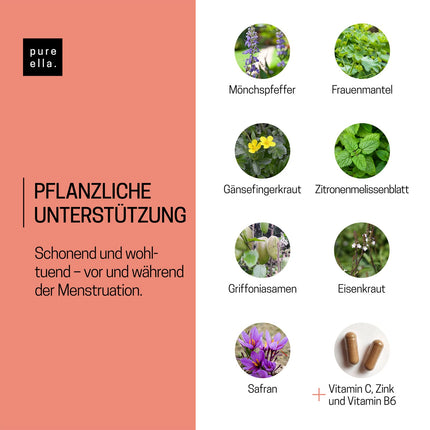 Pure Ella Vital uzturvielu komplekss sievietēm - satur vijoles ogas, aveņu mēli, safrānu, C vitamīnu, B6 vitamīnu un cinku - periodam pirms menstruācijām - dabīgs, bez hormoniem, vegāns - 60 kapsulas