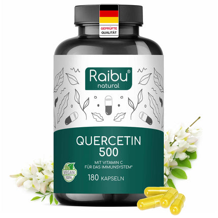 Kvercetīns augstā devā - 180 kapsulas - 500 mg kvercetīna vienā kapsulā - 6 mēnešu krājumi - Augstas kvalitātes izejviela: Japānas pagodas koks - Bez piedevām un vegāns - Raibu
