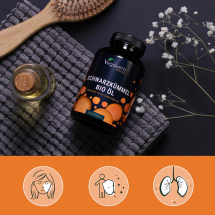 Organiskās melnās ķimenes eļļas kapsulas | Bez želatīna | 1000 mg ēģiptiešu eļļas | Linolskābe + timohinons | Vegavero® ražots Vācijā | Nigella sativa | 180 gabali