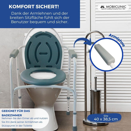 Mobiclinic®, Tualešu krēsls, Ar vāku, Noņemams spainis, Regulējams 5 augstumos, Modelis Arroyo, Neslīdoši kāju uzlikas, Roku balsti, Atbalsta līdz 100 kg, Krēsla tualete, Tērauds