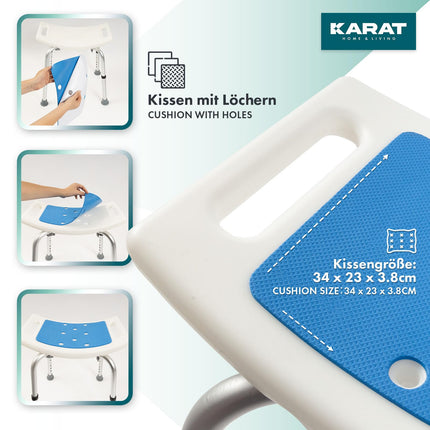 KARAT dušas krēsls - dušas krēsls ar regulējamu augstumu 37,5-49,5 cm - kravnesība līdz 136 kg - neslīdošs un stabils dušas sēdeklis - vannas krēsls - neslīdošas gumijas kājiņas (bez šķērsstieņiem)