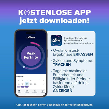 Clearblue Advanced digitālais ovulācijas tests, divkārša iespēja ieņemt bērnu, 1 digitālā testa turētājs un 30 ovulācijas testi, izmēģiniet BEZMAKSAS Clearblue menstruāciju un cikla izsekošanas lietotni