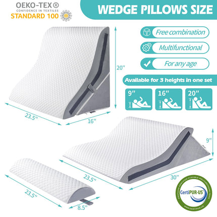 Ķīļveida spilvens gulēšanai, ortopēdiskas gultas ķīļveida spilvenu komplekts, 15 vienā regulējams atmiņas putu ķīļveida spilvens pēc operācijas, 9, 16 un 20 collu augstums, 3 vienā slīpi spilvena ķīļi skābes refluksa ārstēšanai