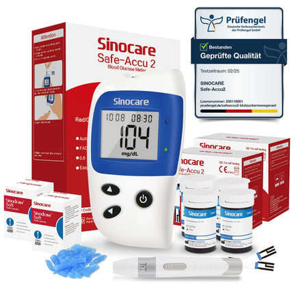 Sinocare asins glikozes mērītājs, glikozes monitors ar asins glikozes testa strēmelītēm 100, nesāpīga ātra asins glikozes trauksmes lampa, mg/dL