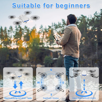 Drons ar 1080P HD kameru bērniem, WiFi FPV drons iesācējiem, RC kvadrokopters ar 2 baterijām, gravitācijas sensors, 3D apgriešanas režīms, pacelšanās/nosēšanās ar vienu pogu, augstuma noturēšanas režīms, bezgalvas režīms