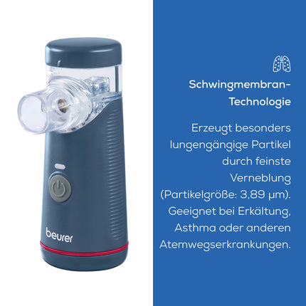Beurer IH 49 inhalators, pārnēsājama inhalācijas ierīce bērniem un pieaugušajiem, saaukstēšanās, astmas un citu elpceļu slimību ārstēšanai, uzlādējama baterija, īpaši klusa