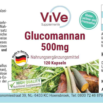 Glikomanāns 500 mg - 120 vegānas kapsulas no konjaka saknes ekstrakta - dabīgs pildvielas palielinātājs, šķiedrvielas | Kvalitāte no Vācijas, ko nodrošina ViVe Supplements