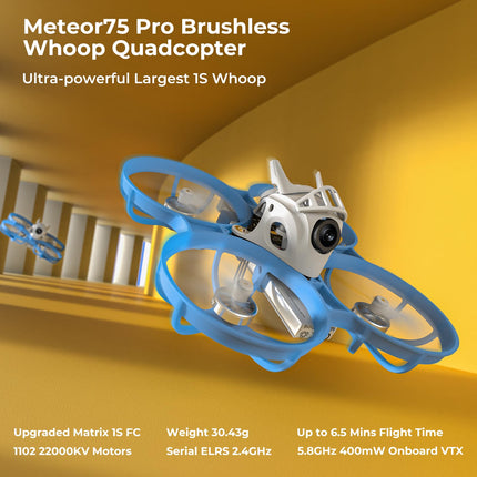 BETAFPV Meteor75 Pro bezkontaktu Whoop kvadrokopters ar Matrix 1S ​​​​5IN1 FC, 45 mm 3 lāpstiņu propelleriem, lidojuma laiks līdz 6,5 minūtēm ar BT2.0 550mAh 1S akumulatoru, FPV droniem, frīstaila sacīkstēm iekštelpās un ārā - ELRS