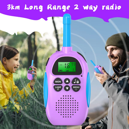 Ushining rācija bērniem, uzlādējama rācija ar 16 kanālu VOX radio, LCD lukturītis ar fona apgaismojumu, 3 km diapazons piedzīvojumiem brīvā dabā, kempingam, pārgājieniem, violeta