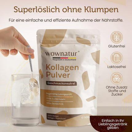 WOWNATUR® kolagēna pulveris 500 g - ideāla šķīdība - augstākās kvalitātes halāla kolagēna hidrolizāts - 1., 2. un 3. tipa peptīdi - oriģināls - (50 porcijas)
