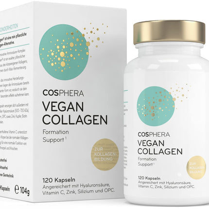 COSPHERA® kolagēna veidošanās hialuronskābe 120 kapsulas vegānas ar C vitamīnu, biotīnu, OPC, cinku un varu augstās devās - Vollagen® kolagēna kapsulu veidošanai 100% augu izcelsmes
