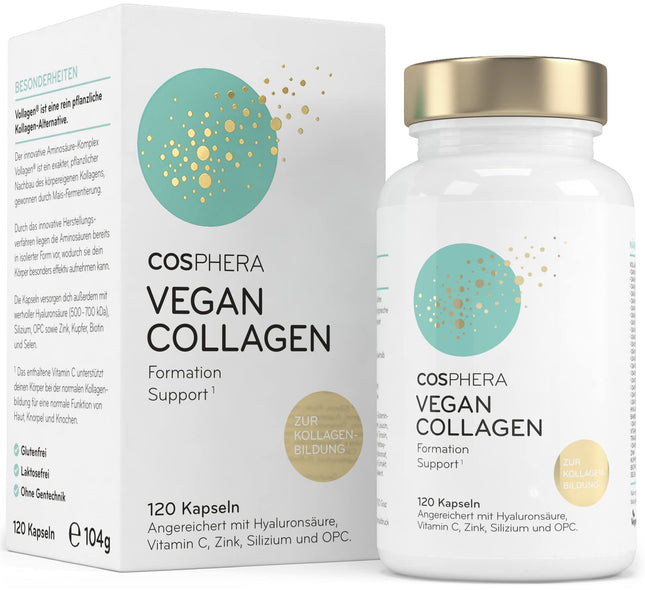 COSPHERA® kolagēna veidošanās hialuronskābe 120 kapsulas vegānas ar C vitamīnu, biotīnu, OPC, cinku un varu augstās devās - Vollagen® kolagēna kapsulu veidošanai 100% augu izcelsmes