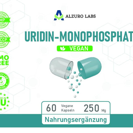 Alzuro Labs uridīna monofosfāts | 250 mg | 60 vegānu kapsulas | Augstas devas smadzeņu, atmiņas un nervu sistēmas atbalsts | 2 mēnešu krājums | Laboratorijā pārbaudīts GMP sertificēts uztura bagātinātājs