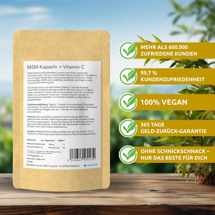 MSM kapsulas ar augstu devu 120 gab. – 800 mg metilsulfonilmetāna + organisks acerolas pulveris – vegāns – bez piedevām – bez plastmasas – ražots Vācijā – dabīgs sērs