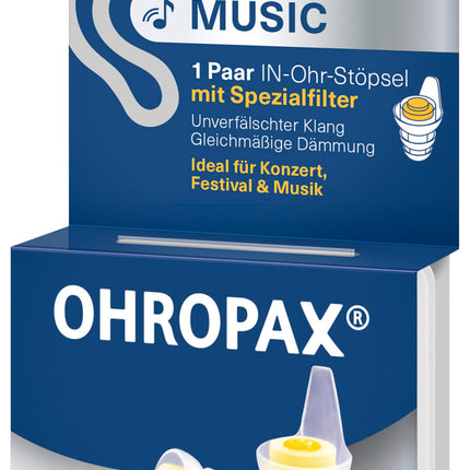 OHROPAX mūzikas ausu aizbāžņi – ar speciālu filtru – neviltota skaņa ar vienmērīgu vājinājumu – skaņas izolācijas vērtība SNR 19 dB – ideāli piemēroti koncertiem – 1 pāris ar ievietotu filtru + 1 mazāks ausu aizbāžņu pāris