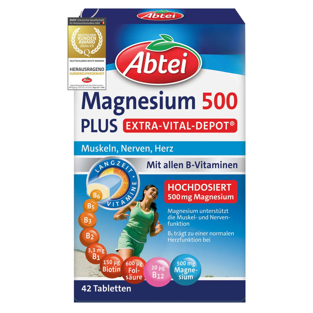 Abtei Magnesium 500 Plus Extra Vital Depot – augsta deva – ar visiem B vitamīniem – muskuļiem, nerviem un sirdij – vegāns – 42 tabletes