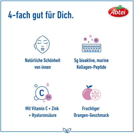 Abtei Beauty Collagen Intensive 5000 - mazāk redzamām grumbām - ar 5 g kolagēna peptīdu, hialuronskābi, cinku un C vitamīnu - bez cukura - 10 dzeršanas ampulas