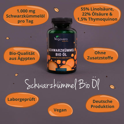 Organiskās melnās ķimenes eļļas kapsulas | Bez želatīna | 1000 mg ēģiptiešu eļļas | Linolskābe + timohinons | Vegavero® ražots Vācijā | Nigella sativa | 180 gabali