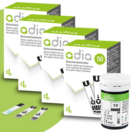Adia asins glikozes testa strēmeles, 200 strēmeles, izdevīgs iepakojums glikozes līmeņa kontrolei asinīs diabēta (cukura slimības) gadījumā, Adia asins glikozes mērītājam (šeit nav iekļauts)