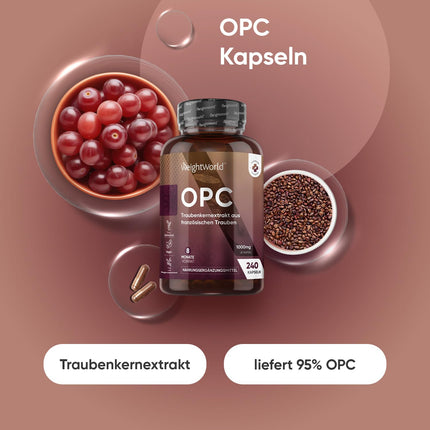 OPC vīnogu kauliņu ekstrakts - 240 kapsulas - 1000 mg ekstrakta vienā kapsulā - 8 mēnešu krājumi - 95% OPC - no franču vīnogām - WeightWorld