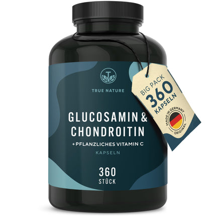 Glikozamīna hondroitīns augstā devā - lielais iepakojums: 360 kapsulas (pietiek 6 mēnešiem) - ar C vitamīnu (veicina normālu kolagēna veidošanos) - farmaceitiskā kvalitāte - ražots Vācijā - ĪSTA DABA