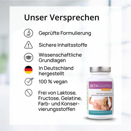 Betaglutēns 60 kapsulas | piemērots cilvēkiem ar jutību pret glutēnu, kviešu alerģiju, celiakiju, zemu ogļhidrātu diētu vai FODMAP diētu