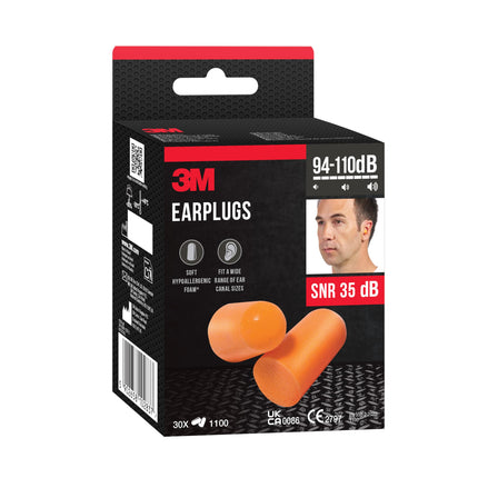 3M ausu aizbāžņi 1100 ar mīkstām putām augstai dzirdes aizsardzībai pret augstu trokšņa līmeni 94–105 dB (SNR: 37 dB) diapazonā, 30 pāri, oranži