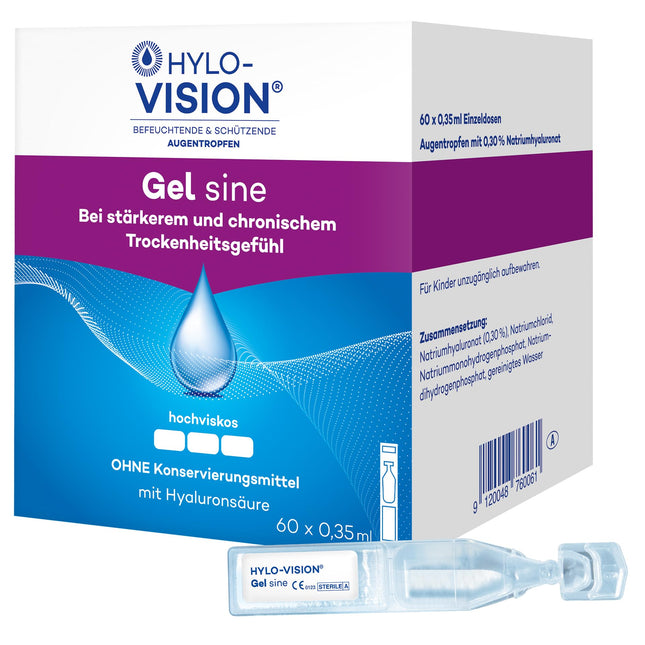 Hylo-Vision Gel sine acu pilieni – intensīvi mitrinoši stipri un hroniski sausām acīm, ideāli piemēroti lietošanai ārpus telpām, ļoti viskozi, bez konservantiem, piemēroti kontaktlēcām, 60 x 0,35 ml