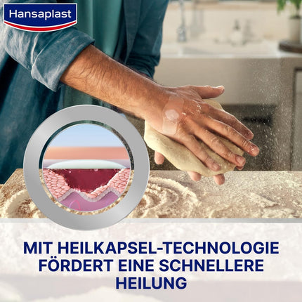 Hansaplast plāksteris Second Skin Protection Large (3 strēmeles), plāns un elastīgs hidrokoloīdais plāksteris ar dziedinošo kapsulu tehnoloģiju, ūdensizturīgs brūču plāksteris ar īpaši spēcīgu fiksāciju vismaz 72 stundas