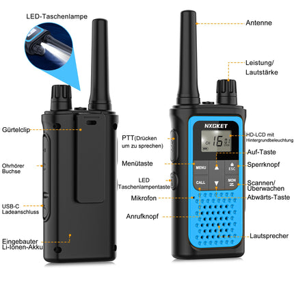 Rācija bērniem, pieaugušajiem, rotaļlieta, 2 NXGKET liela darbības rādiusa 5 km rācija, uzlādējama ar 1800 mAh akumulatoru, 16 kanālu radio ar LED lukturīti lietošanai ārpus telpām, kempingā, pārgājienos