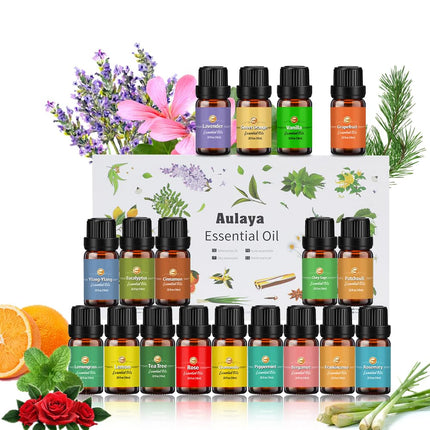 Ēterisko eļļu komplekts 18 x 10 ml, tējas koks, lavanda, eikalipts, vīraks, citronzāle, rozmarīns, apelsīns, piparmētra, citrons, bergamote, ilangilangs, greipfrūts, kumelīte, roze, vaniļa, pačūlija, salvija
