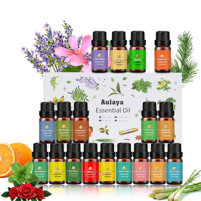 Ēterisko eļļu komplekts 18 x 10 ml, tējas koks, lavanda, eikalipts, vīraks, citronzāle, rozmarīns, apelsīns, piparmētra, citrons, bergamote, ilangilangs, greipfrūts, kumelīte, roze, vaniļa, pačūlija, salvija