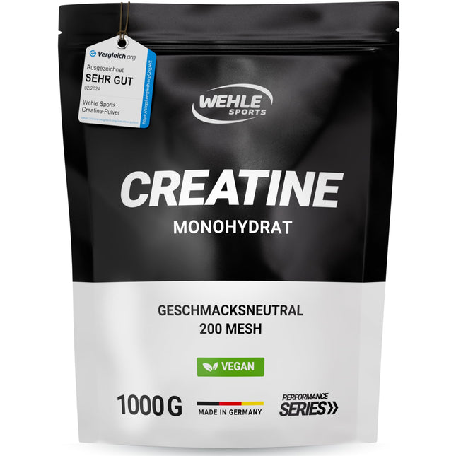 Kreatīna monohidrāts 1kg pulveris Tīrs mikronizēts kreatīns Kvalitatīva sieta 200 - optimāli augsta deva 100% vegāns - Wehle Sports (1000g)