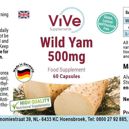 Savvaļas jama ekstrakts 500 mg - 60 kapsulas Savvaļas jamss ar 20% diosgenīna - augsta deva un vegāns - Dioscorea villosa | Kvalitāte no Vācijas, ko nodrošina ViVe Supplements